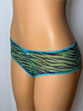 Savage X Fenty Green Zebra Mesh Hipster with Teal Trim